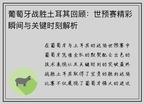 葡萄牙战胜土耳其回顾：世预赛精彩瞬间与关键时刻解析